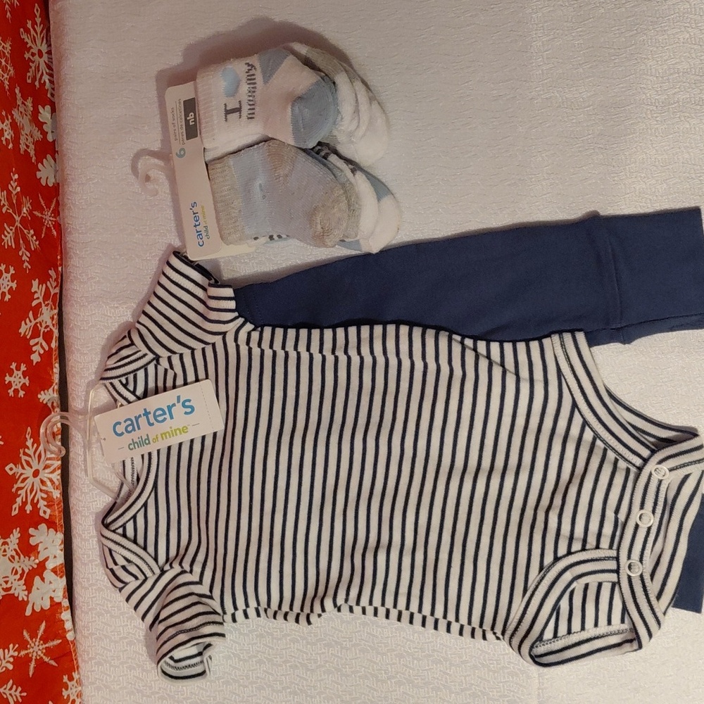 Carter's Striped Blue, White Baby Onesie, Child Of Mine 6 Pack Socks. Newborn